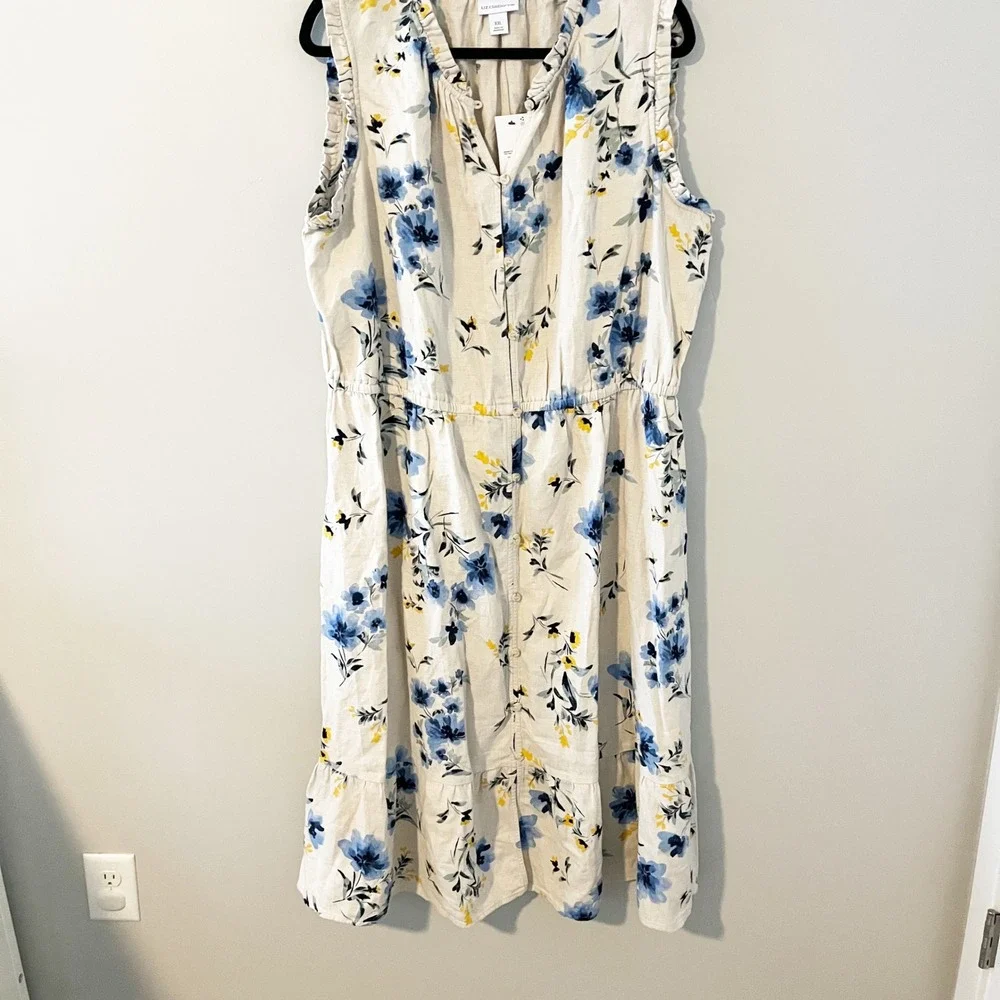 Liz Claiborne Floral Cotton Linen Midi Dress Blue Yellow XXL NWT - Picture 1 of 7